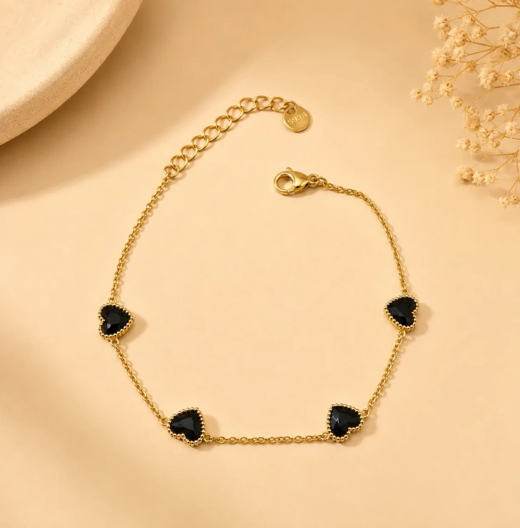 Black Heart Charm Gold Bracelet